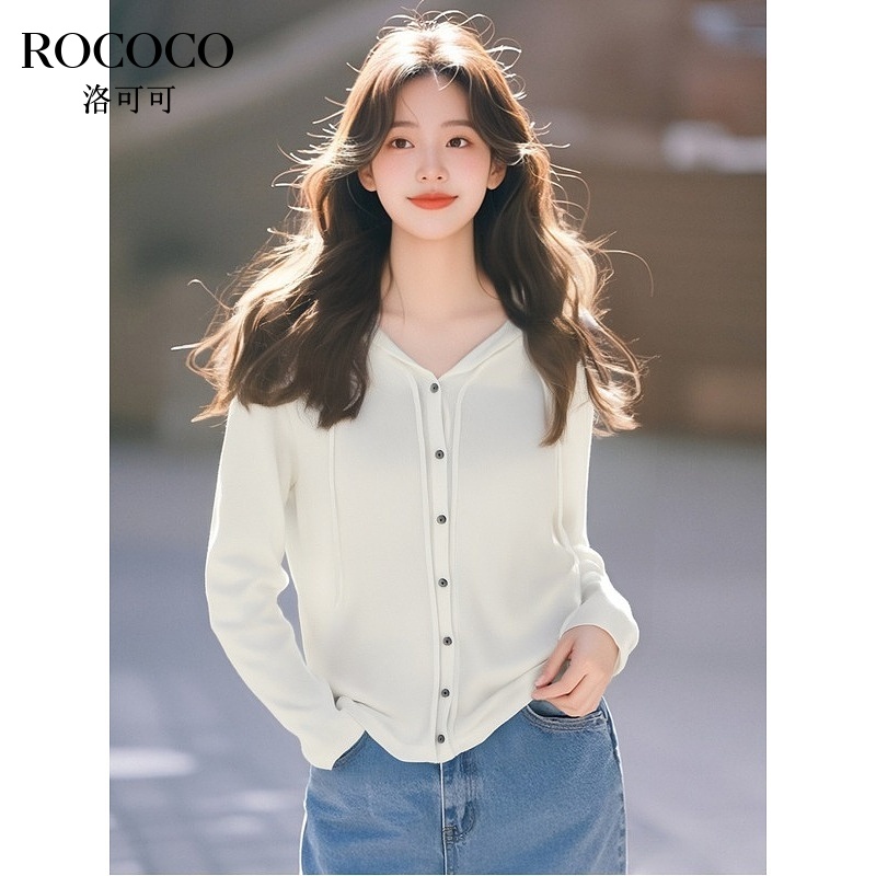 ROCOCO/洛可可绵羊毛V领连帽针织衫女春季慵懒风白色长袖开衫上衣