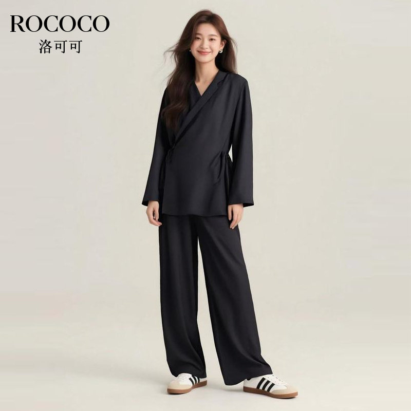 ROCOCO/洛可可纯色西装领侧边系带衬衫休闲直筒长裤气质通勤套装