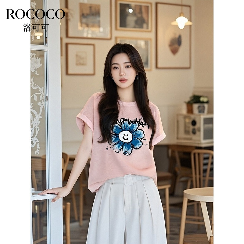 ROCOCO/洛可可花朵印花短袖针织衫2025夏季减龄宽松灰色圆领上衣