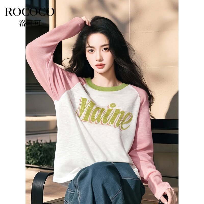 ROCOCO/洛可可韩系撞色字母针织衫女春季流行圆领插肩袖宽松上衣