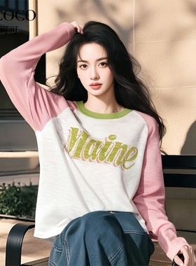 ROCOCO/洛可可韩系撞色字母针织衫女春季流行圆领插肩袖宽松上衣