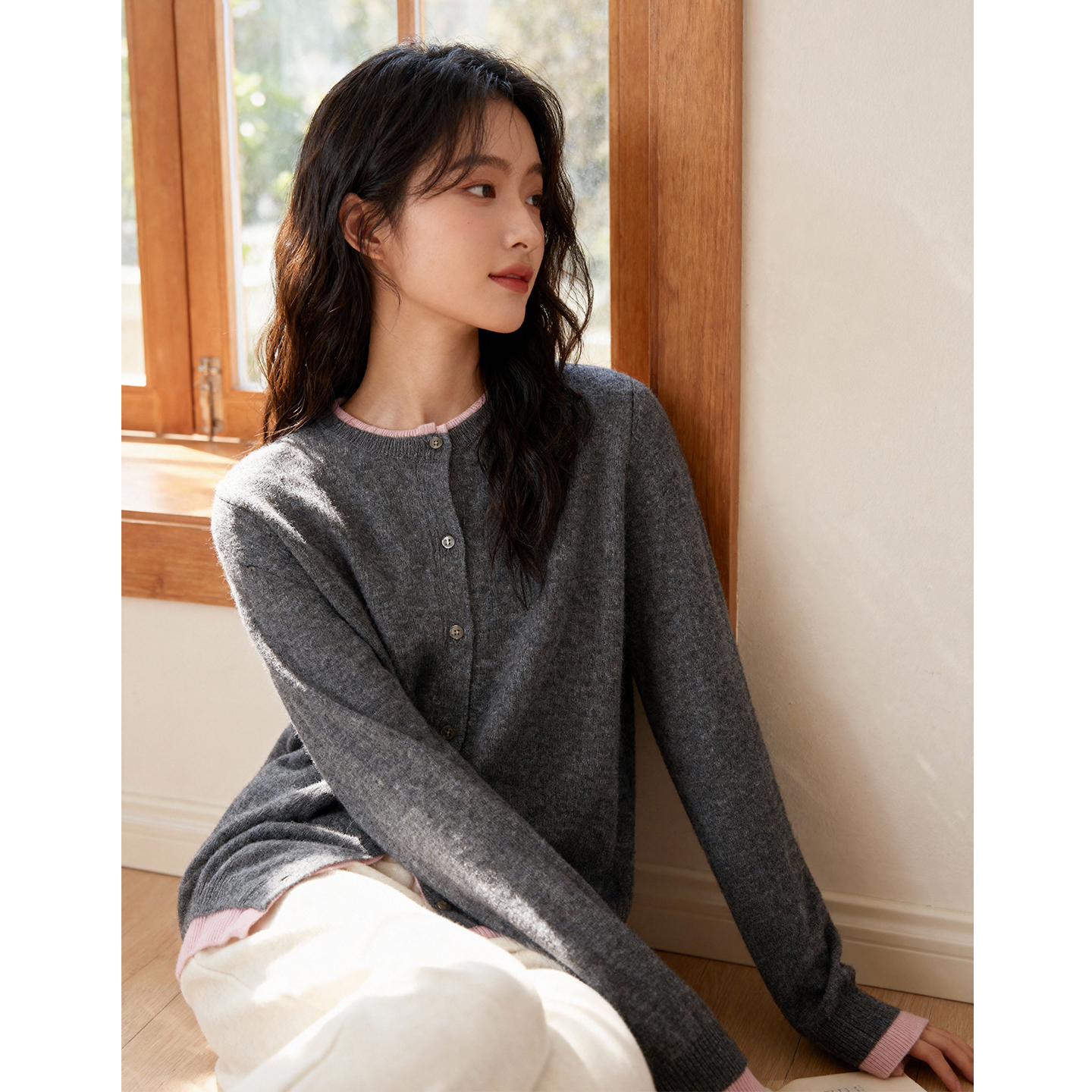 ROCOCO/洛可可100%羊毛针织开衫撞色半开领温柔通勤百搭上衣