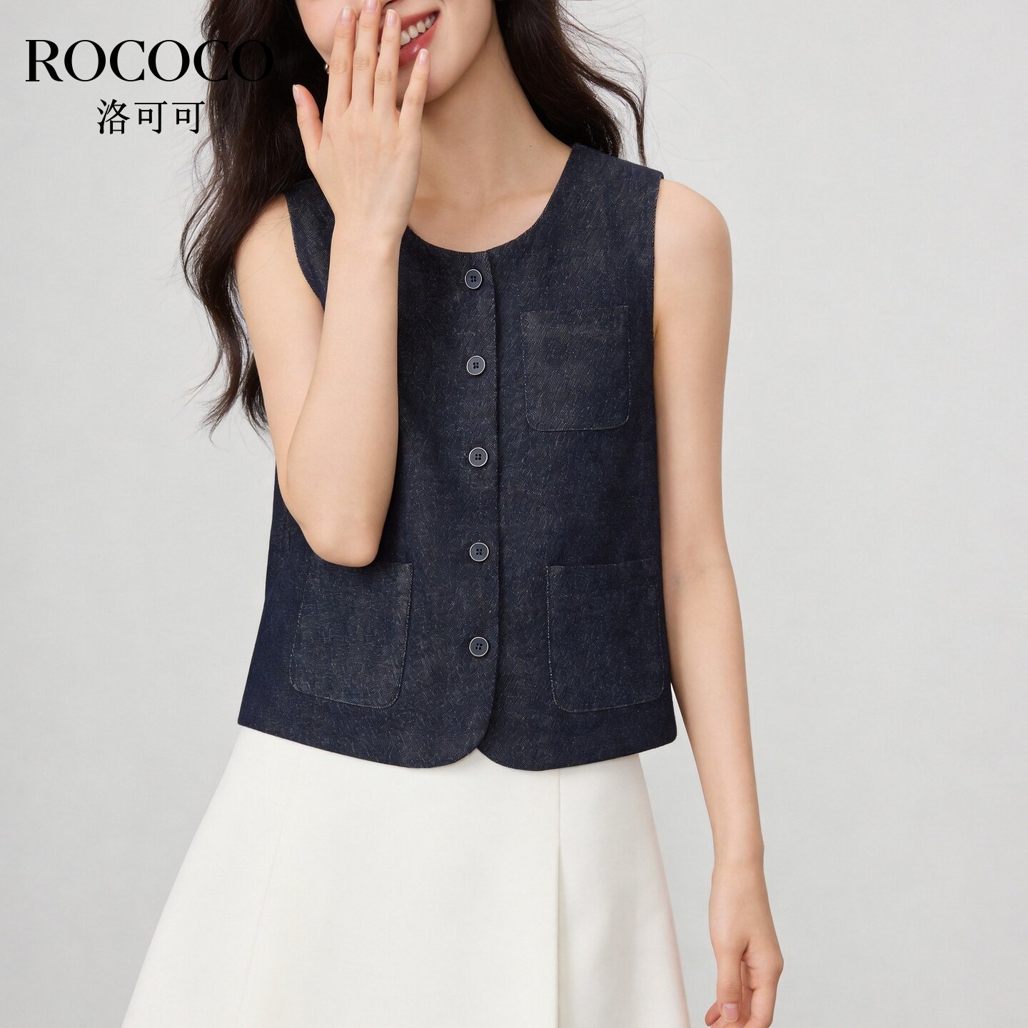 ROCOCO/洛可可日系复古风深蓝色牛仔马甲女无袖外穿百搭马夹