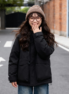 ROCOCO/洛可可冬季黑色羽绒服女工装连帽宽松加厚休闲百搭上衣