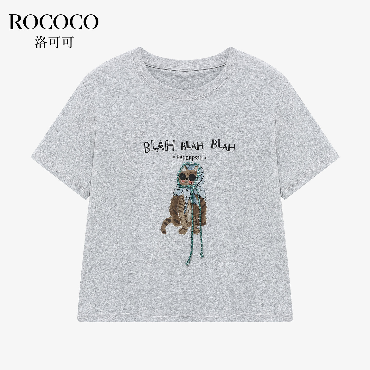 ROCOCO/洛可可卡通印花短袖T恤女夏季蓝色宽松休闲棉感上衣