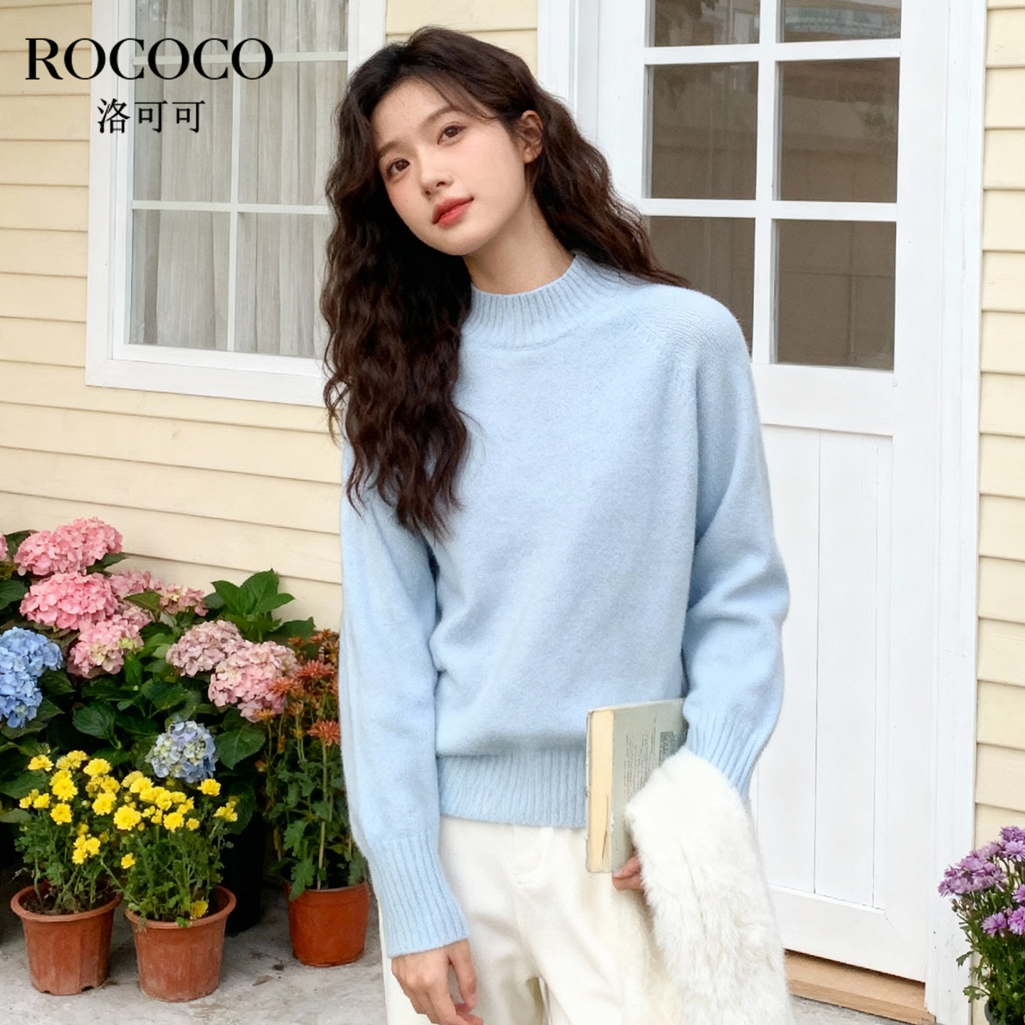ROCOCO/洛可可2025新款半高领纯色长袖羊毛针织衫女宽松百搭上衣