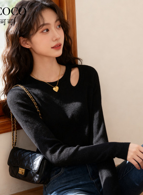 ROCOCO/洛可可2025秋新款纯色肩膀镂空设计针织衫女温柔气质上衣