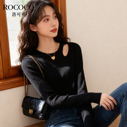 ROCOCO/洛可可2025秋新款纯色肩膀镂空设计针织衫女温柔气质上衣