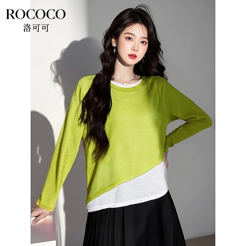 ROCOCO/洛可可撞色假两件拼接T恤春季新款韩版圆领套头长袖上衣女