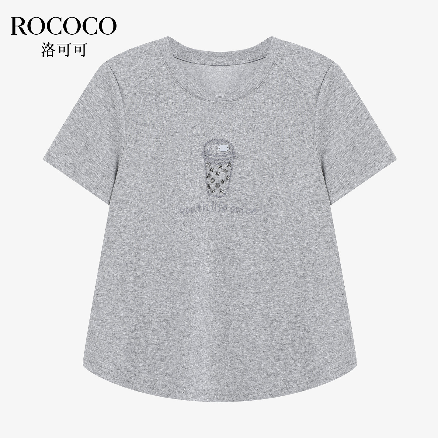 ROCOCO/洛可可基础款刺绣短袖T恤宽松夏季新款钉珠灰色上衣