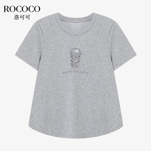ROCOCO/洛可可基础款刺绣短袖T恤宽松夏季新款钉珠灰色上衣