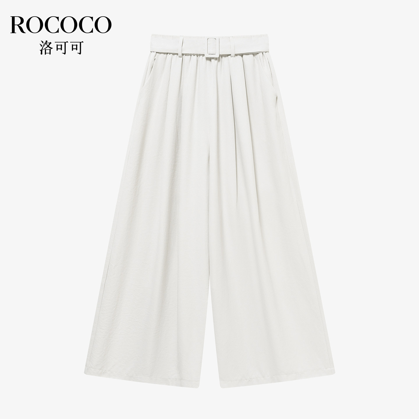 ROCOCO/洛可可白色简约高腰阔腿裤女夏垂感显瘦腰带通勤长裤