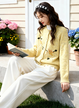 rococo洛可可黄色针织开衫女2026春新款针织衫保暖温柔风毛衣外套
