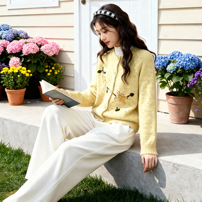 rococo洛可可黄色针织开衫女2026春新款针织衫保暖温柔风毛衣外套