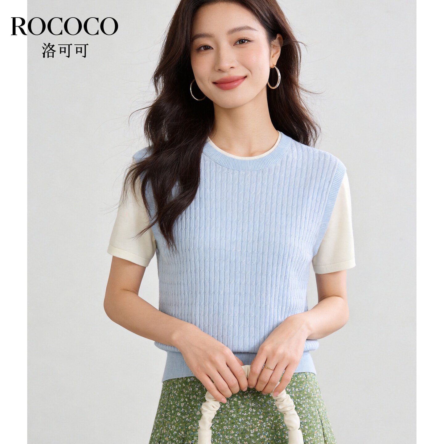 ROCOCO/洛可可假两件撞色针织衫女夏季黄色圆领宽松短袖上衣