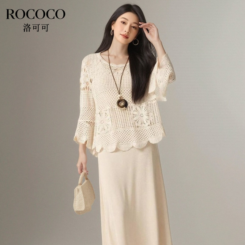 ROCOCO/洛可可法式复古套装钩花镂空针织罩衫中长款吊带裙两件套
