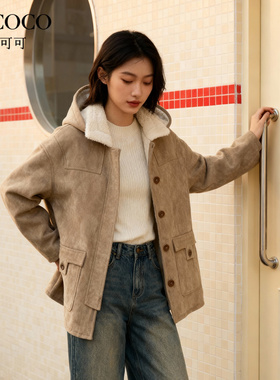 ROCOCO/洛可可2025纯色皮毛一体加厚外套冬季保暖连帽中长款上衣