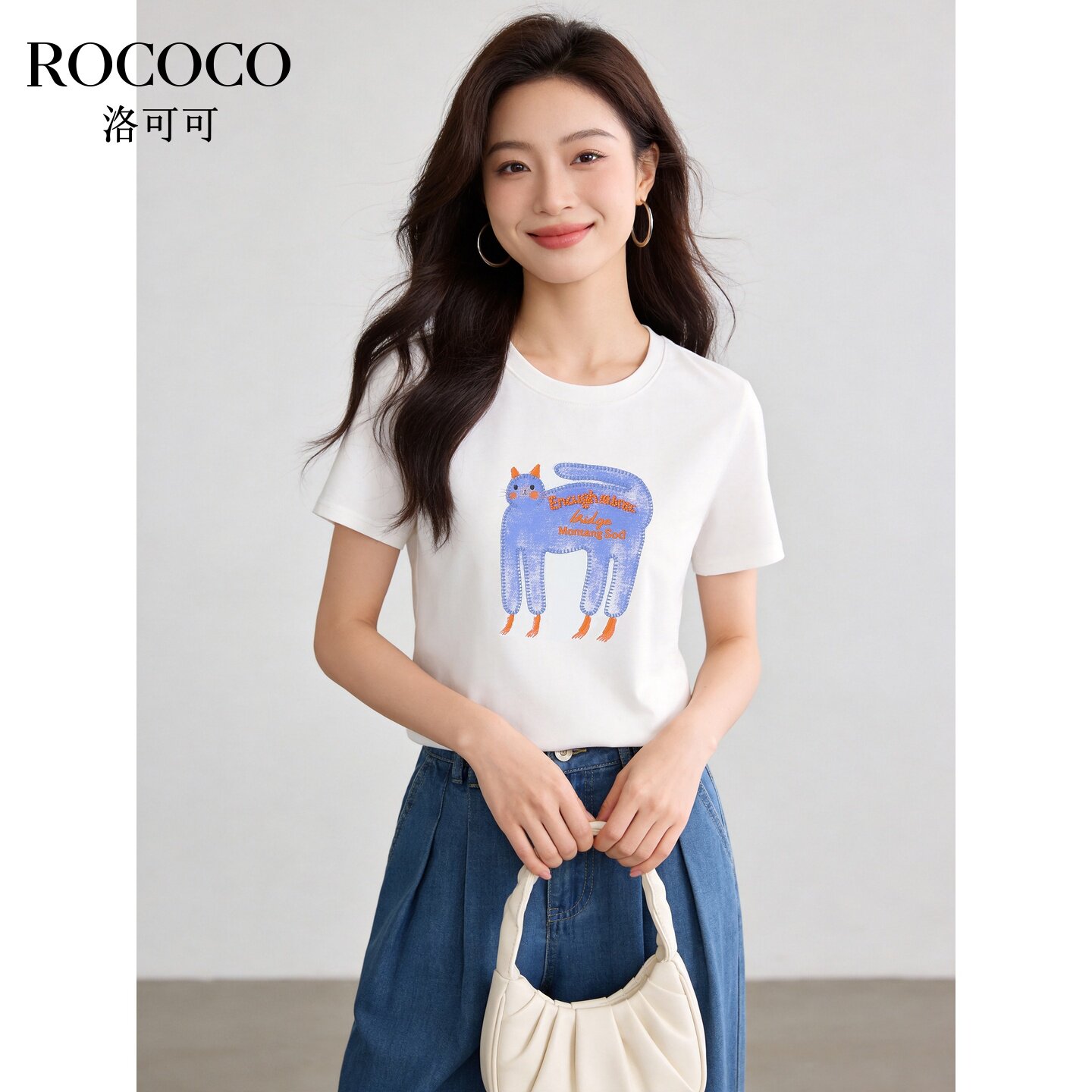 ROCOCO/洛可可卡通猫咪印花短袖白色圆领宽松减龄百搭T恤女