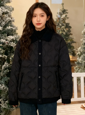 ROCOCO/洛可可时尚翻领菱格羽绒服女短款冬季绗缝保暖通勤外套