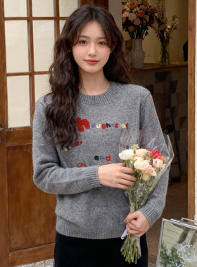 ROCOCO/洛可可撞色字母刺绣毛衣秋季新款圆领宽松短款减龄上衣女