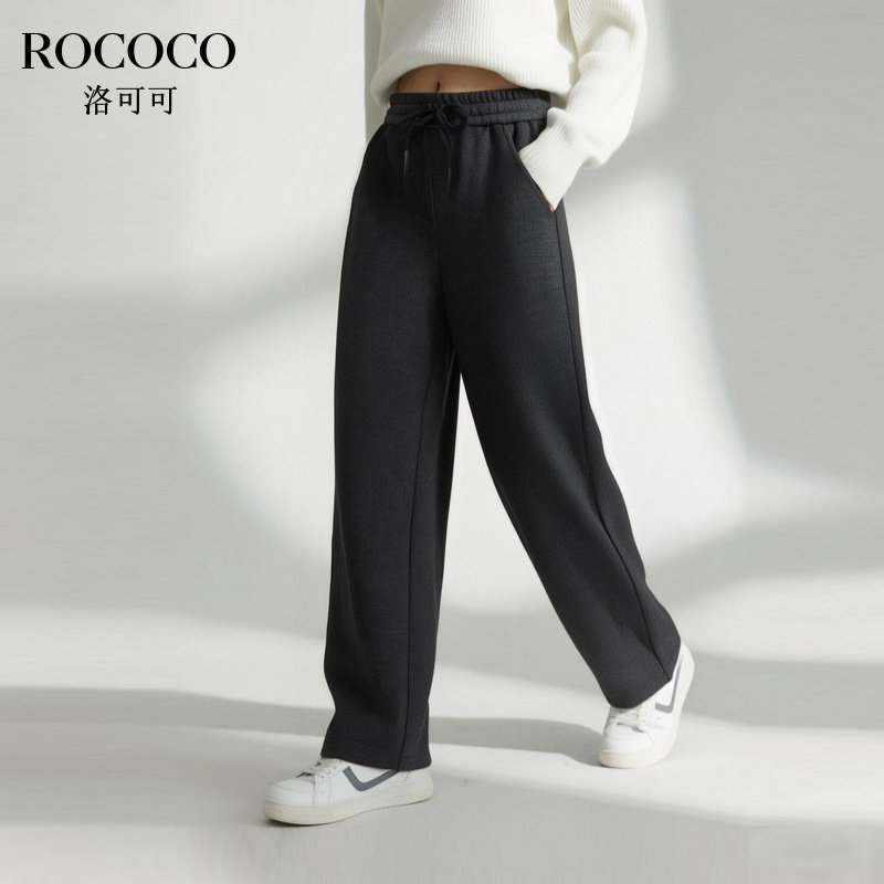 ROCOCO/洛可可松紧腰抽绳慵懒风休闲裤秋冬加厚纯色垂感直筒长裤