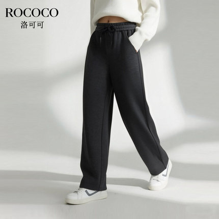 ROCOCO/洛可可松紧腰抽绳慵懒风休闲裤秋冬加厚纯色垂感直筒长裤