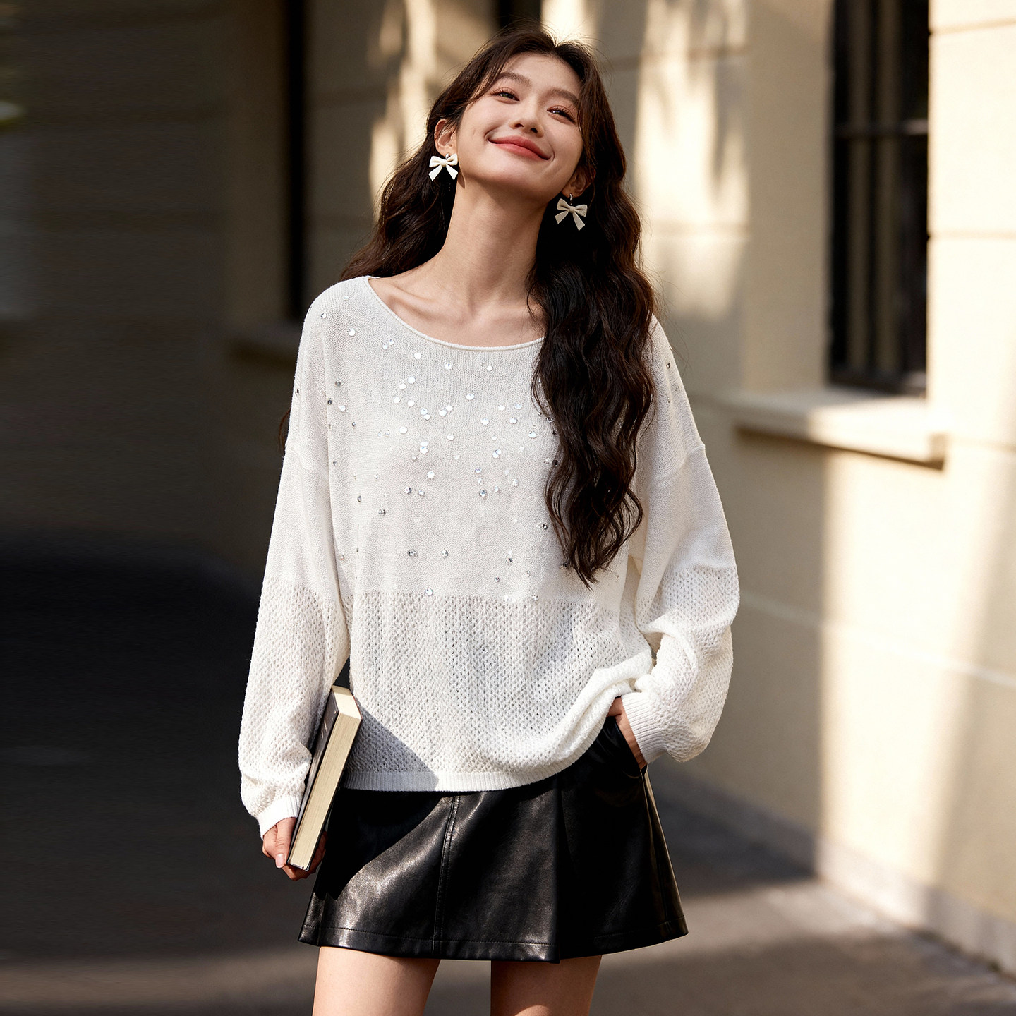 ROCOCO/洛可可亮片针织衫女春季新款宽松透视设计感小众打底上衣