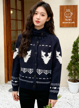 rococo/洛可可开衫毛衣秋冬新款圣诞麋鹿费尔岛针织提花毛衣外套