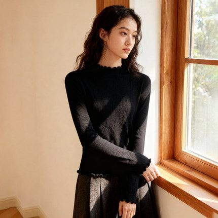 ROCOCO/洛可可半高领木耳边针织上衣修身显瘦通勤百搭内搭上衣