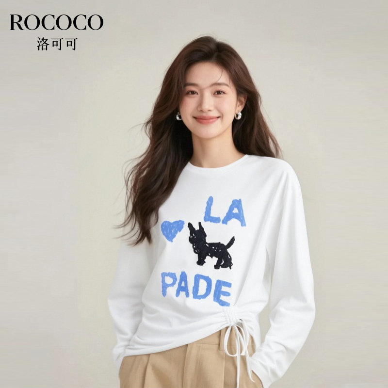 ROCOCO/洛可可卡通动物印花T恤圆领侧边抽绳休闲长袖上衣女
