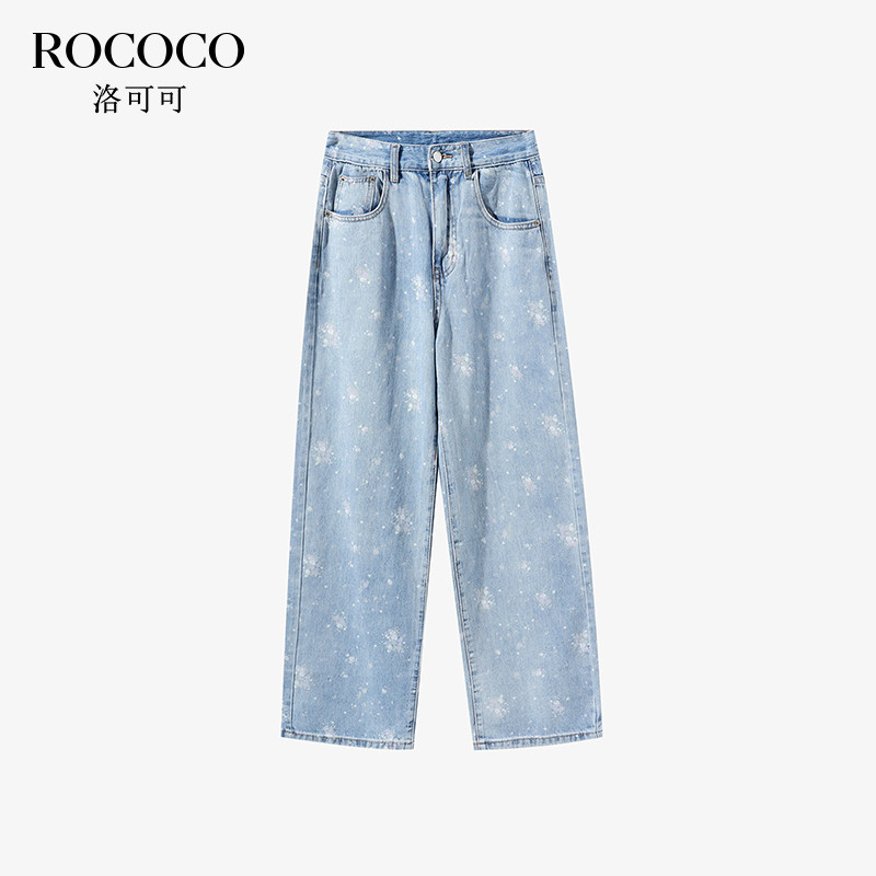 ROCOCO/洛可可雪花高腰浅色牛仔裤今年夏季新款流行纯棉直筒裤子