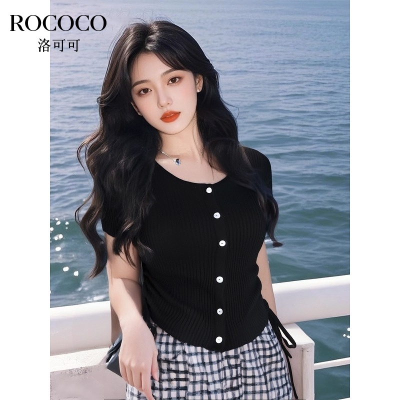 ROCOCO/洛可可莱赛尔单排扣针织衫女2025夏季新款设计感V领上衣
