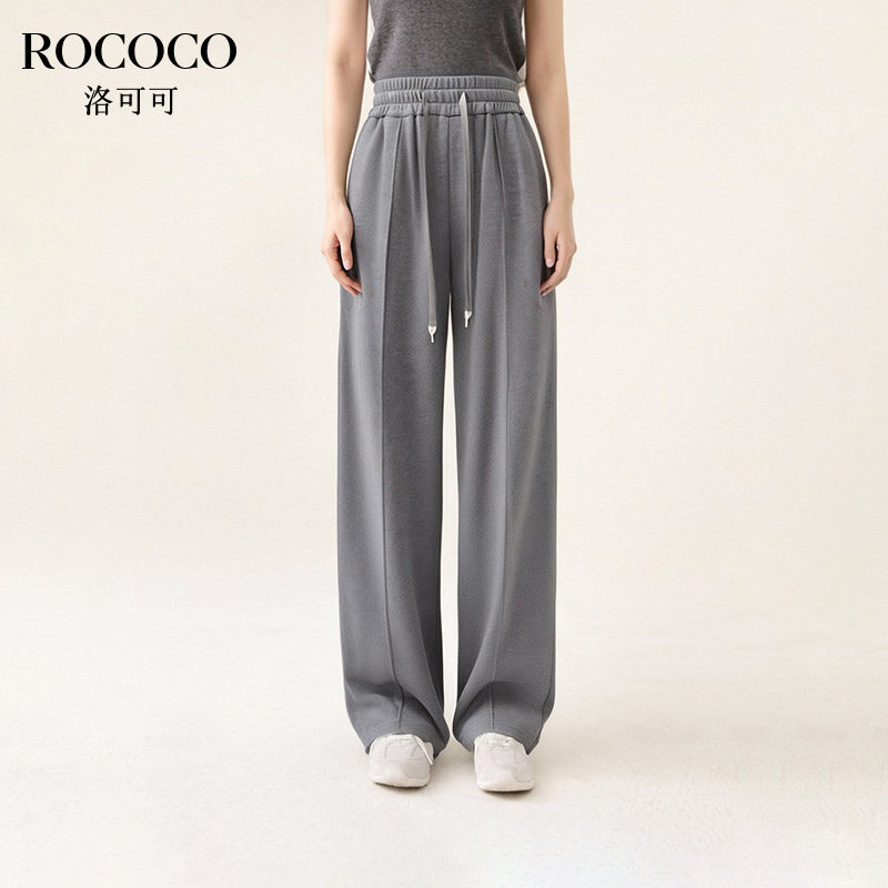 ROCOCO/洛可可抽绳高腰直筒长裤子女今年夏季流行纯色垂感阔腿裤