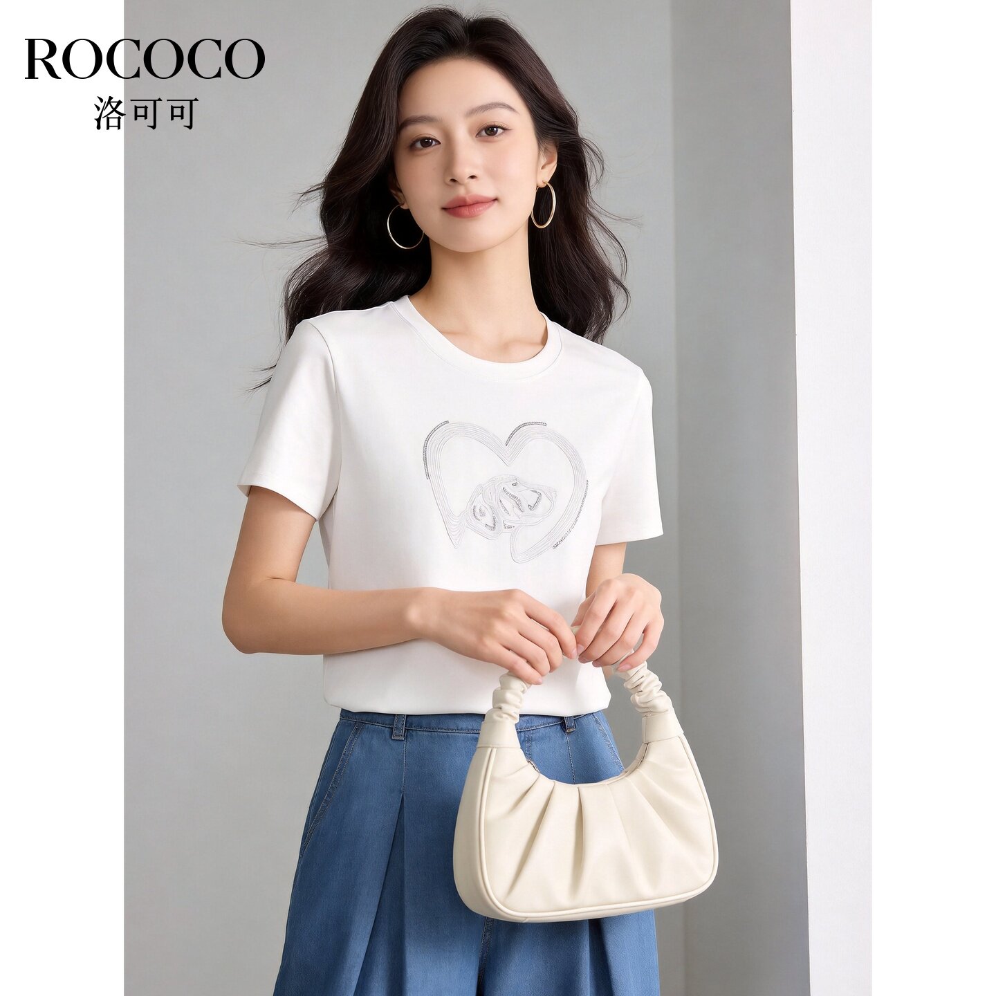 ROCOCO/洛可可韩系白色爱心刺绣短袖女修身显瘦百搭休闲T恤