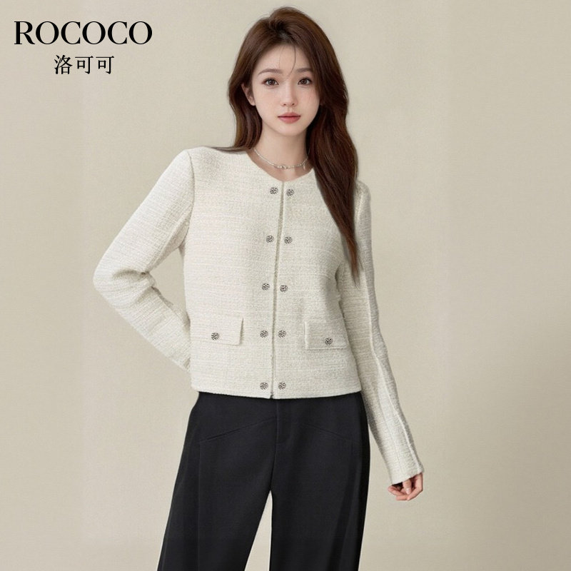 ROCOCO/洛可可粗花呢小香风短外套女秋季新款修身显瘦小个子上衣
