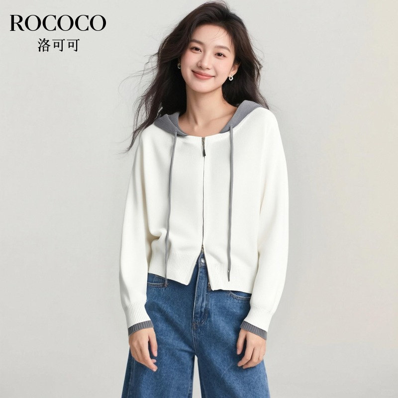ROCOCO/洛可可莱赛尔撞色连帽开衫女春秋新款双拉链宽松针织上衣
