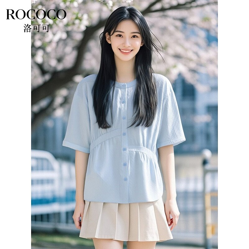 ROCOCO/洛可可圆领收腰蓝色衬衫今年夏季新款短款时尚设计感上衣