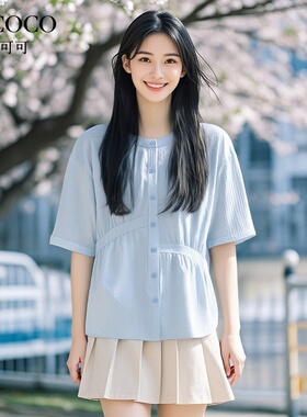 ROCOCO/洛可可圆领收腰蓝色衬衫今年夏季新款短款时尚设计感上衣
