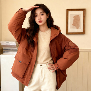 保暖时尚 ROCOCO 羽绒服女短款 焦糖棕连帽工装 外套 洛可可25冬新款