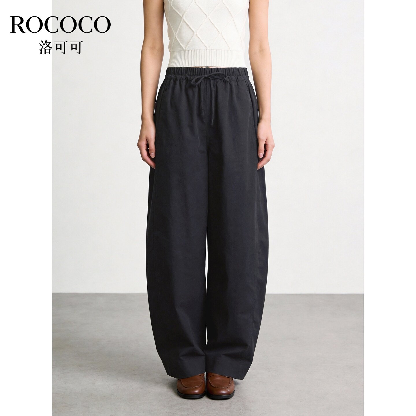 ROCOCO/洛可可慵懒老钱风黑色阔腿裤女高腰垂感宽松纯棉长裤