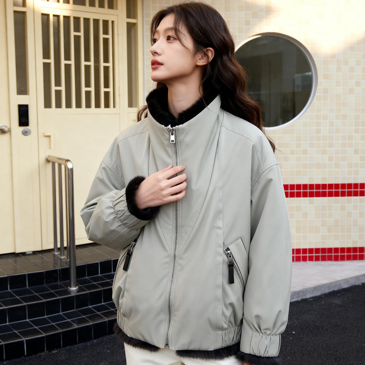 ROCOCO/洛可可兔毛皮夹克双面穿女中性休闲防风保暖秋冬短款外套