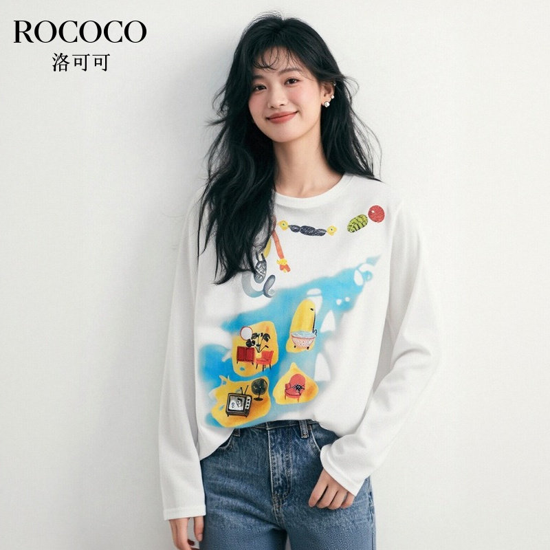 ROCOCO/洛可可卡通印花长袖圆领宽松显瘦T恤设计感新款套头上衣女