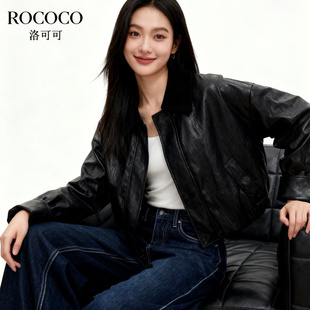 机车风保暖羽绒服外套 新款 ROCOCO 洛可可纯色亮面皮质设计感冬季