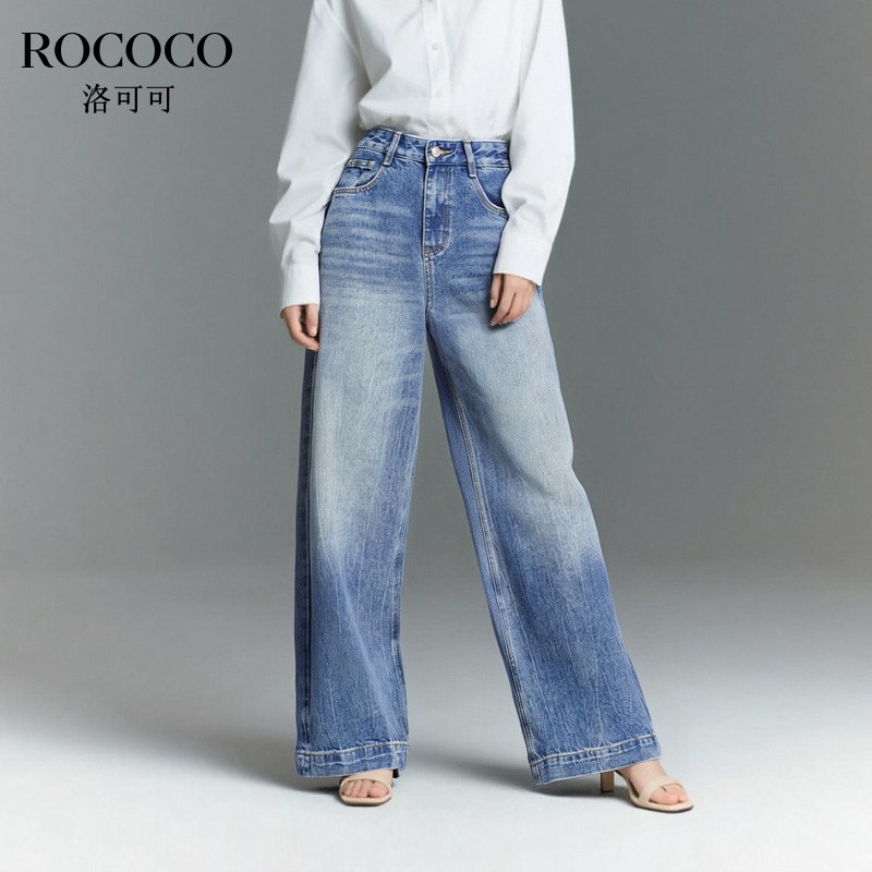 ROCOCO/洛可可复古水洗2025秋季新款磨白高腰休闲阔腿牛仔裤长裤