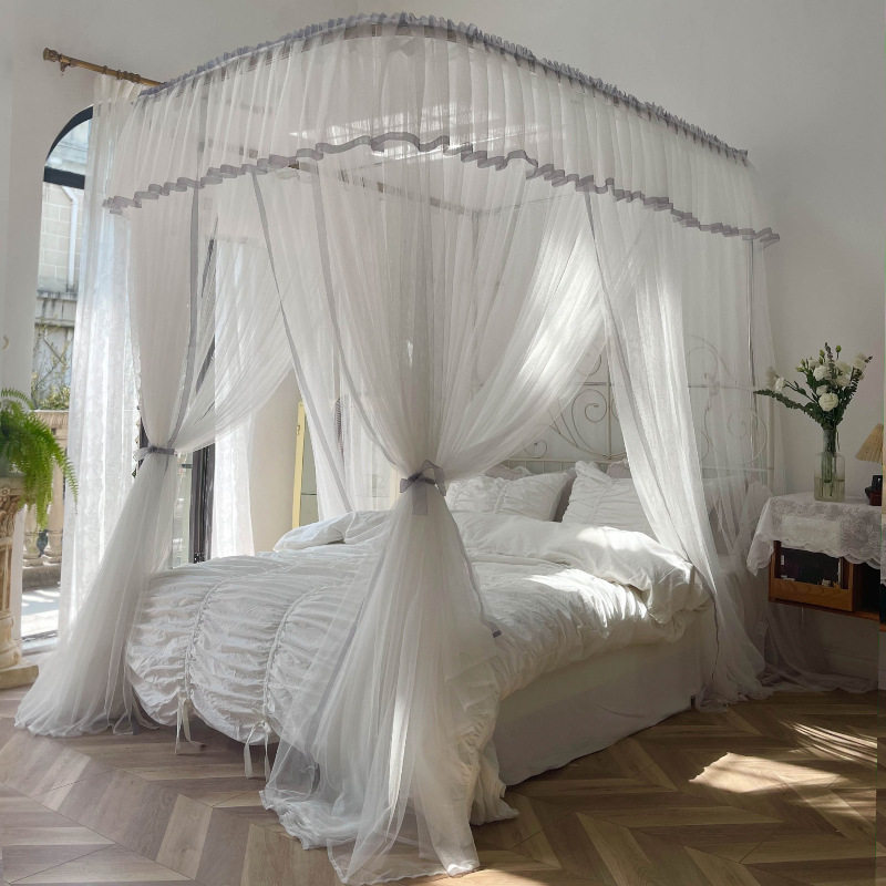 2021新品u型导轨日式拉绳蚊帐三开门家用白色加厚加密1.8m床1.5米