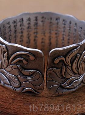 高档荷手镯手工心手镯雕莲花手镯999足银花雪浮花银纯银手镯子复