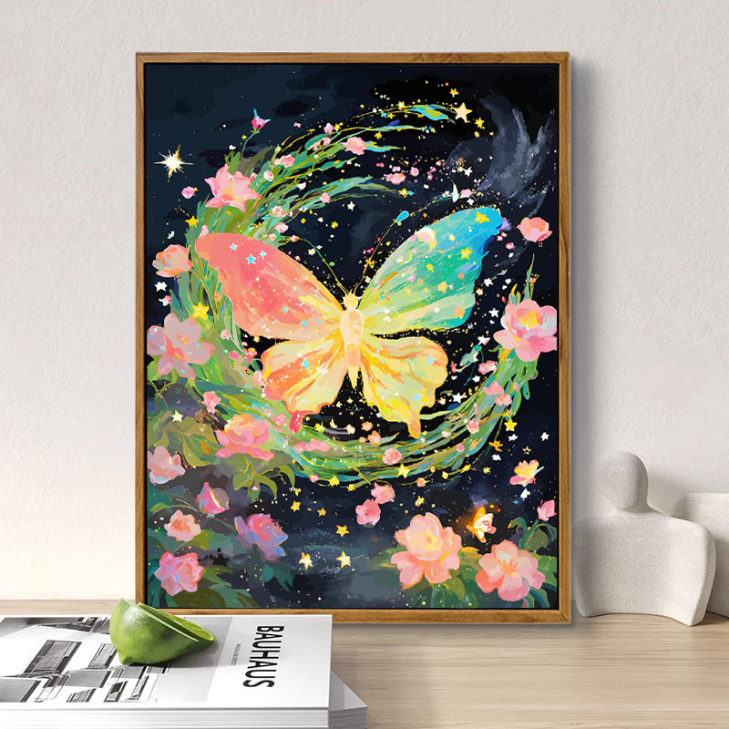 治愈系唯美蝴蝶花卉数字油画DIY手工绘填充涂色高级感丙烯装饰画图片