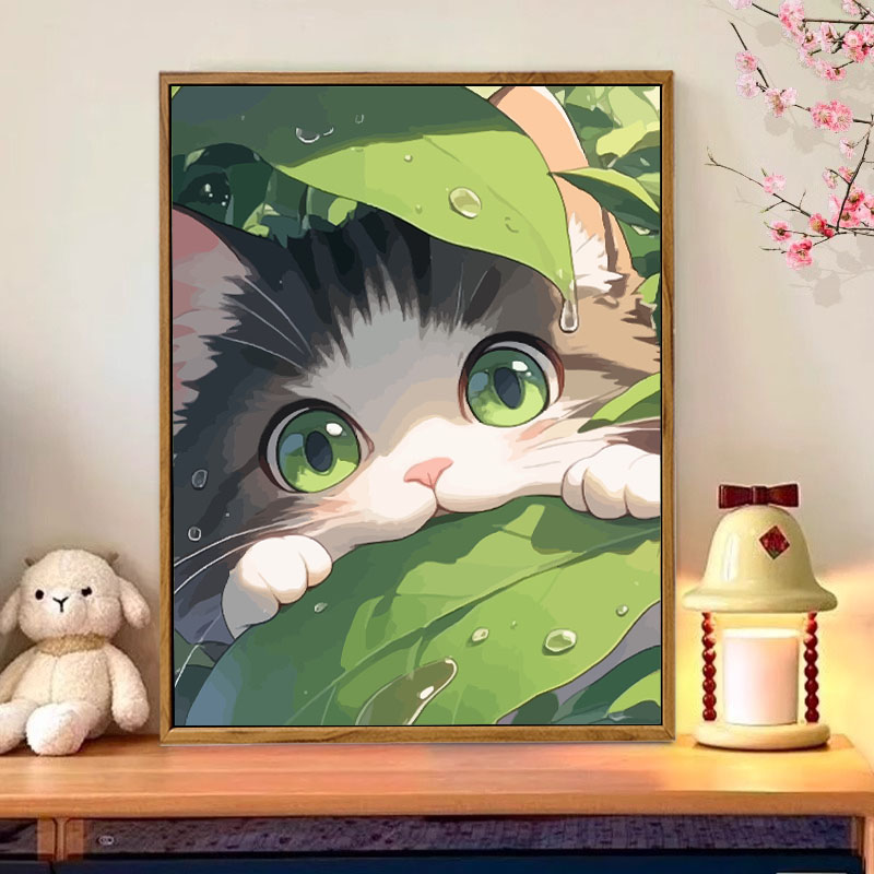 可爱捕鱼猫咪数字油画DIY卡通手工绘填充涂色丙烯油彩治愈装饰画图片