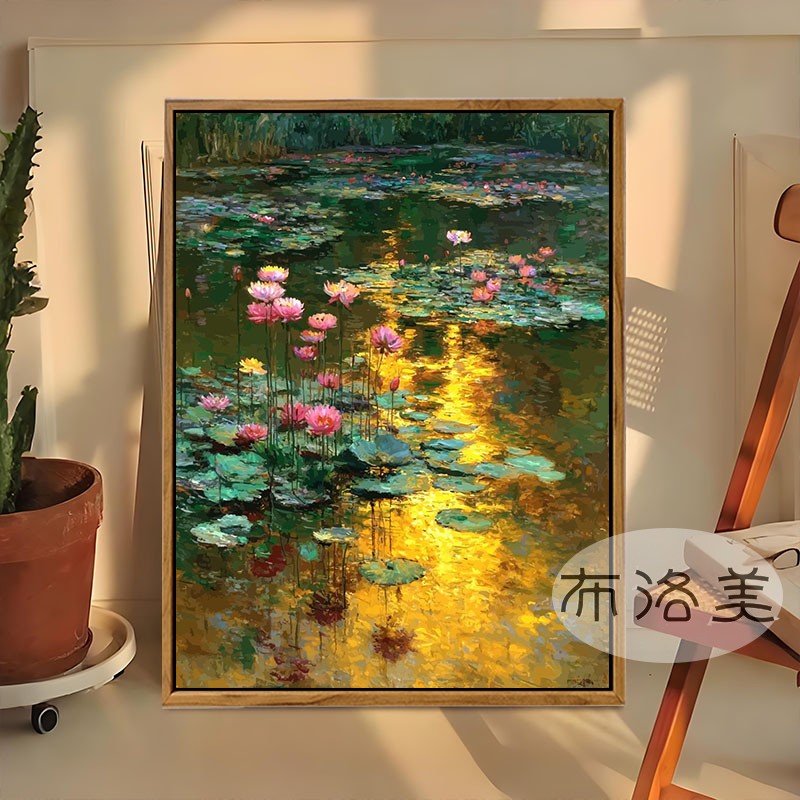 夕阳下莫奈睡莲荷花DIY数字油画手工绘填充涂色治愈风景装饰挂画图片
