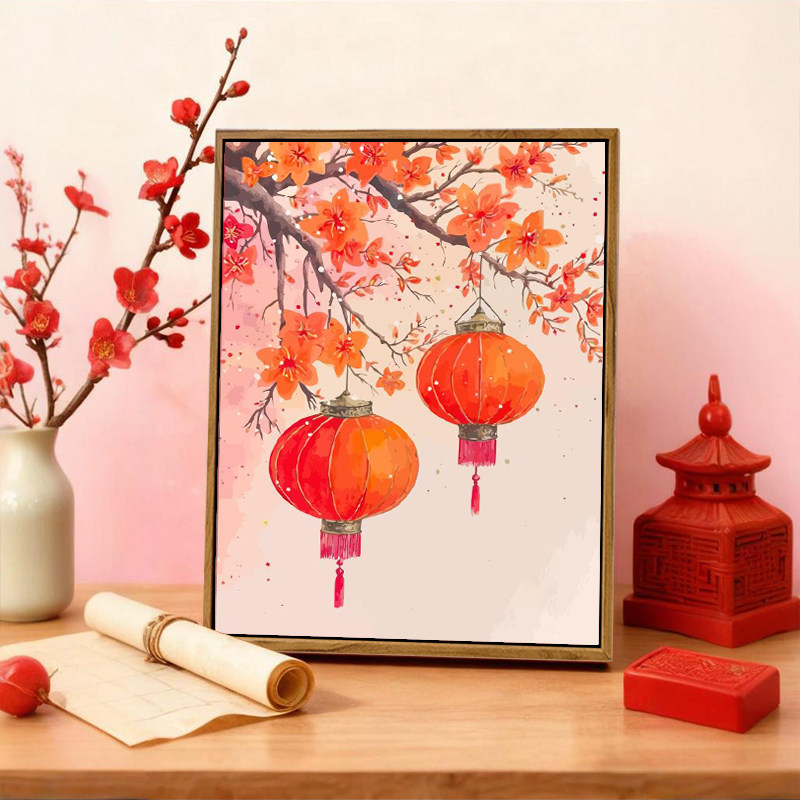 中古风灯笼元旦DIY数字油画手工绘填充涂色新中式高级感新年装饰